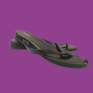 Black patent mini wedge sandals